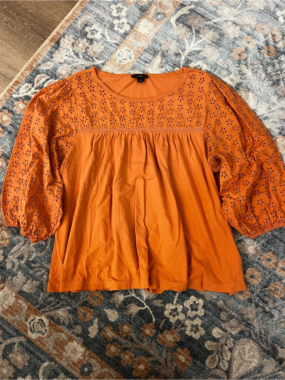 J. Crew Rust Orange Eyelet Puff-Sleeve Blouse